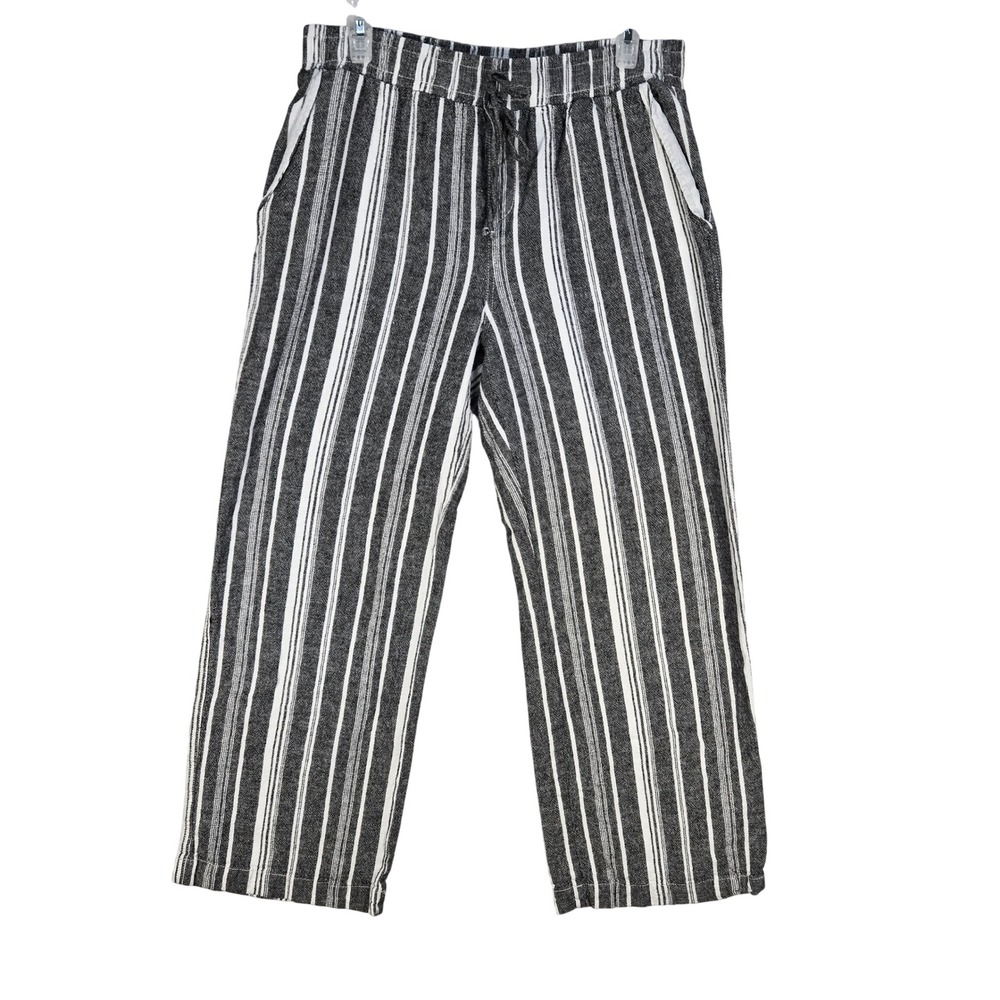 Briggs Women Black White Striped Linen Blend Pull On Pants Size L Comfort Beachy